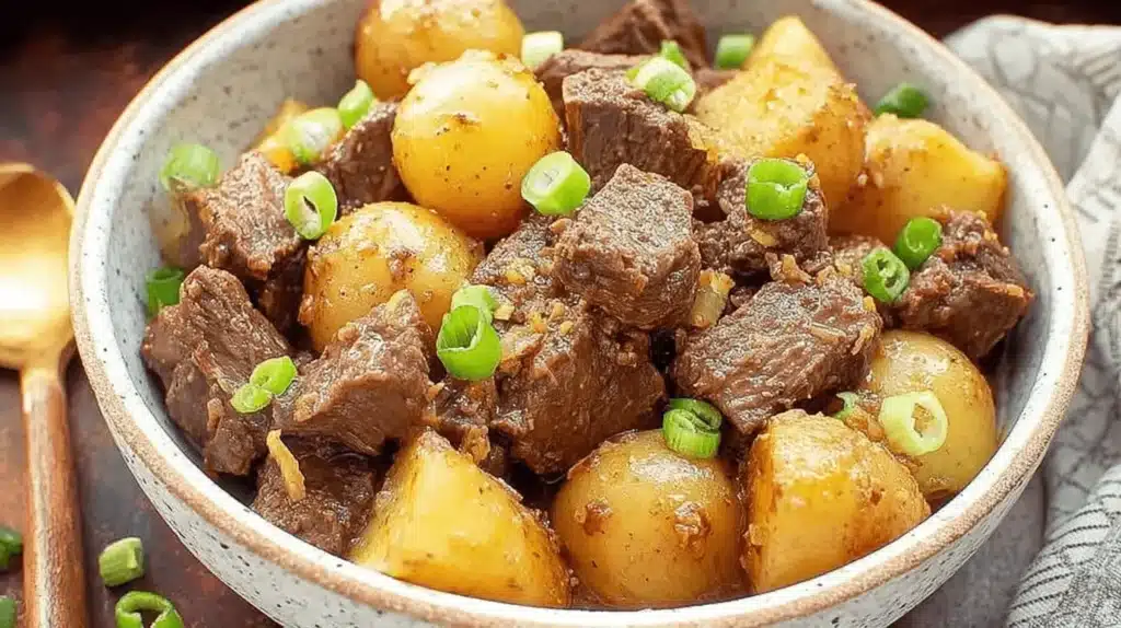 Close-up of savory crockpot steak bites with tender potatoes and fresh green onions in a rustic bowl.
