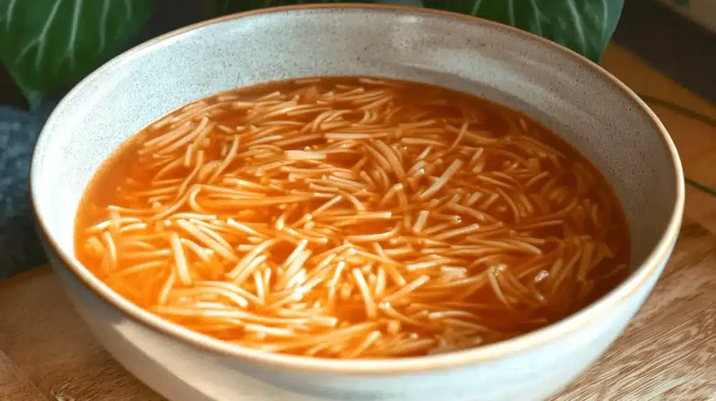 Close-up of a comforting bowl of fideo soup with thin noodles in a vibrant reddish-orange broth.