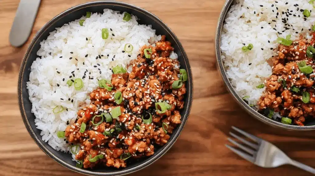 Top-down view of two bowls of appetizing Firecracker Ground Chicken rice bowls, garnished with sesame seeds and scallions on a wooden table.