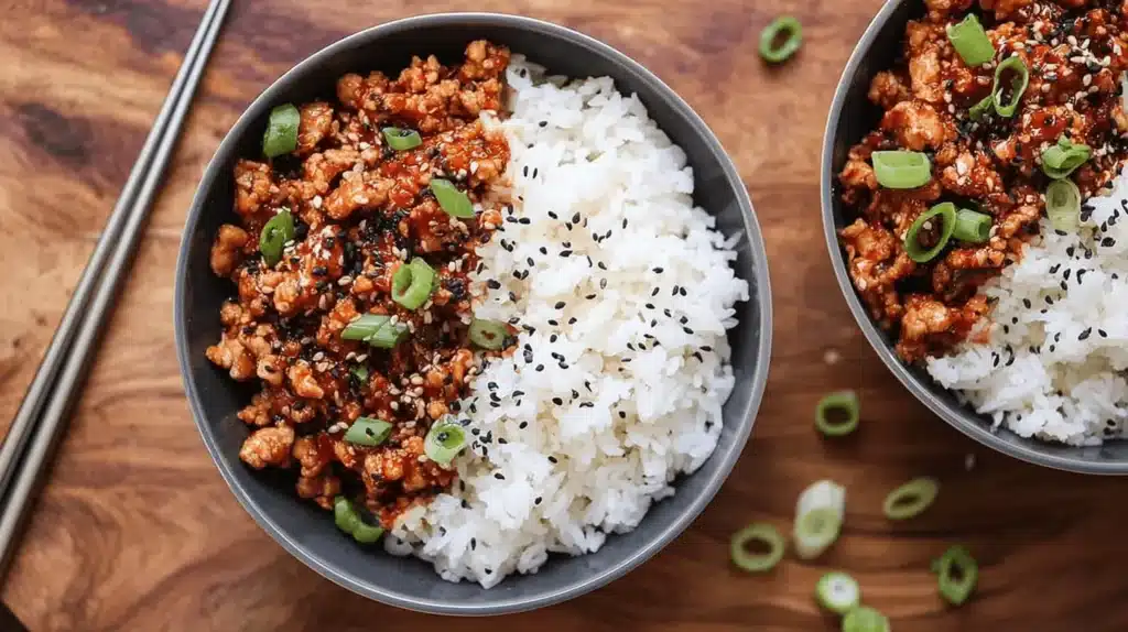 Overhead view of two vibrant bowls of Firecracker Ground Chicken with white rice, sesame seeds, and scallions on a wooden surface.