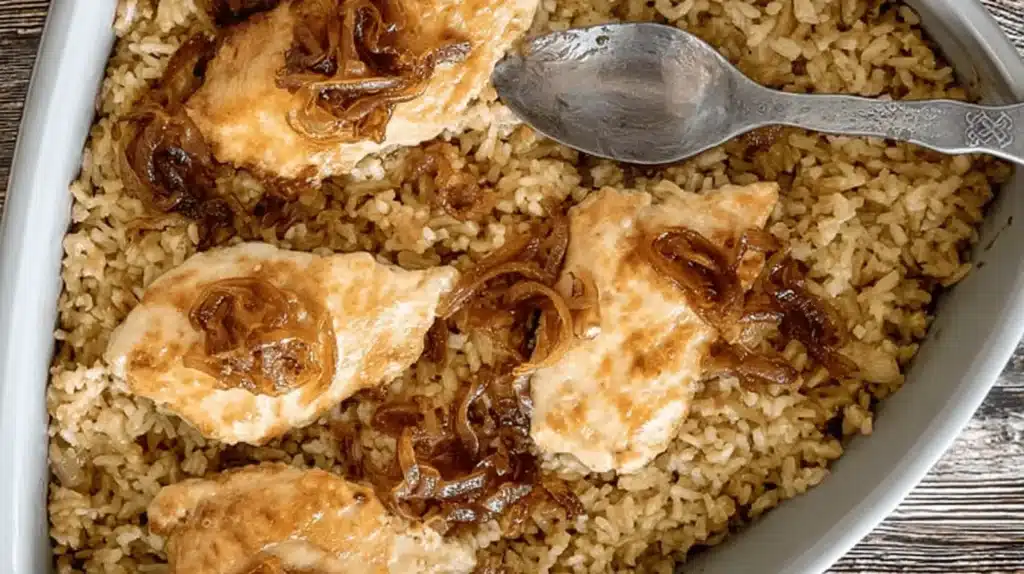 Delicious forgotten chicken recipe with caramelized onions served in a baking dish.