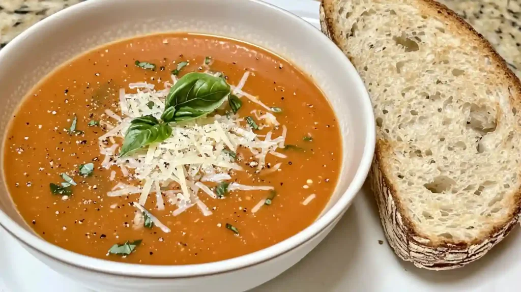 Perfect Fresh Tomato Soup Recipe, creamy red tomato soup with basil and cheese garnish in a white bowl.