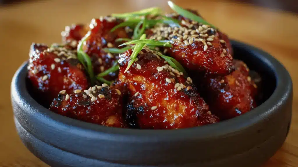 Close-up of glossy gochujang chicken wings garnished with sesame seeds and green onions in a rustic dark bowl.