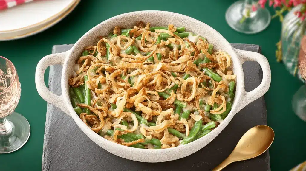 Rustic oval dish of homemade Green Bean Casserole with a crispy fried onion topping on an emerald green table.