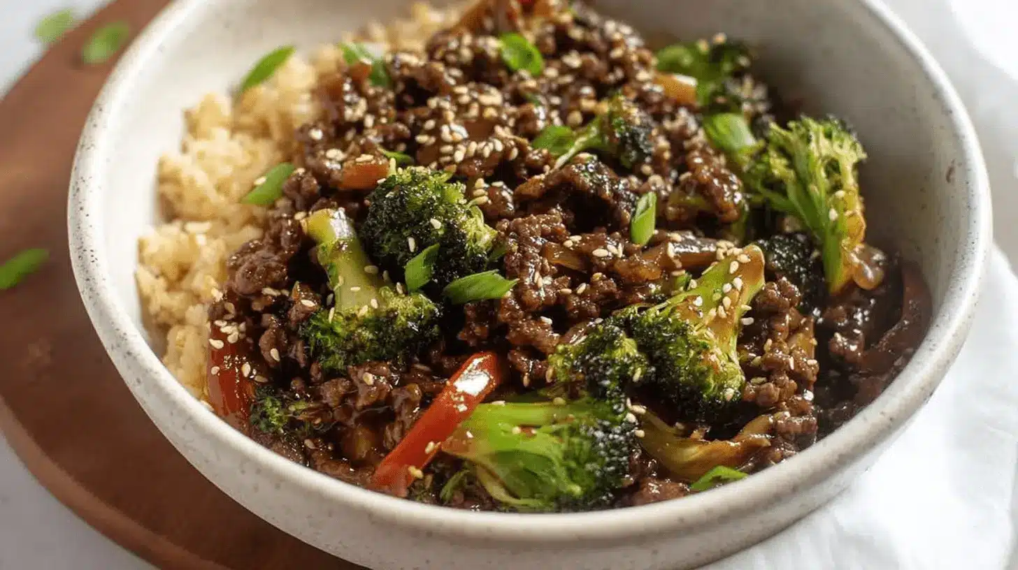 Delicious Ground Beef and Broccoli Stir Fry 1 Close-up of a vibrant ground beef and broccoli recipe, an Asian-inspired rice bowl with red peppers, sesame seeds, and green onions.