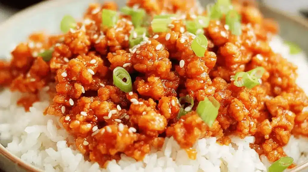 A close-up of a bowl of delicious Ground Orange Chicken served over fluffy white rice, garnished with fresh green onions and sesame seeds.