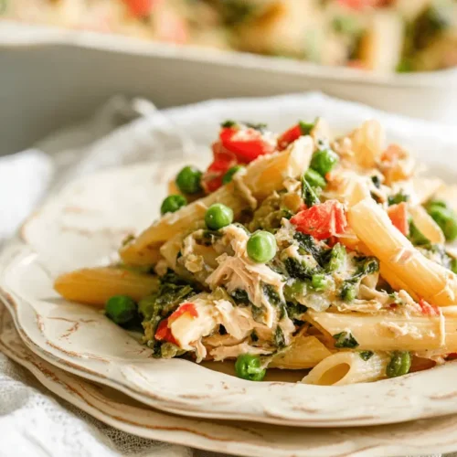 Close-up of a creamy and inviting Healthy Tuna Noodle Casserole with peas, tomatoes, and greens on a rustic plate.