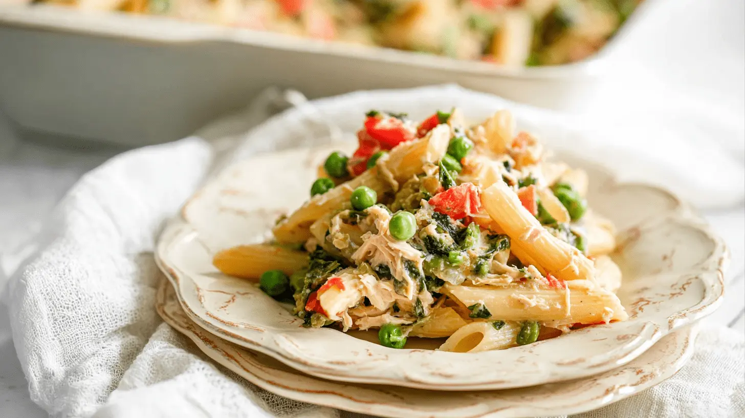 Close-up of a creamy and inviting Healthy Tuna Noodle Casserole with peas, tomatoes, and greens on a rustic plate.