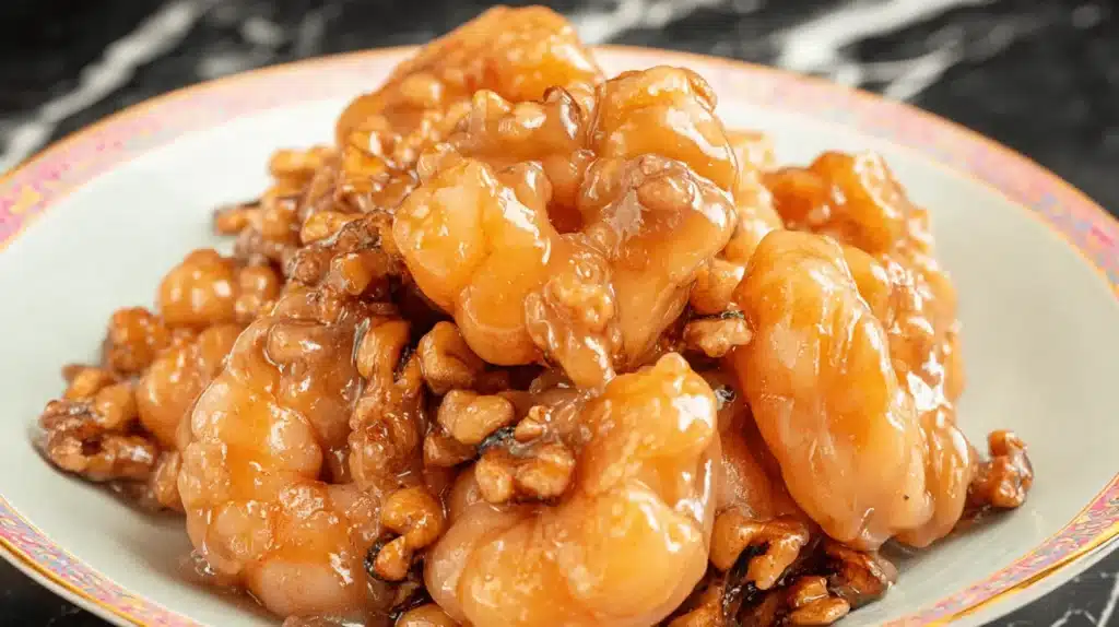 Close-up of delicious honey walnut shrimp on a decorative plate, glistening with a golden glaze.