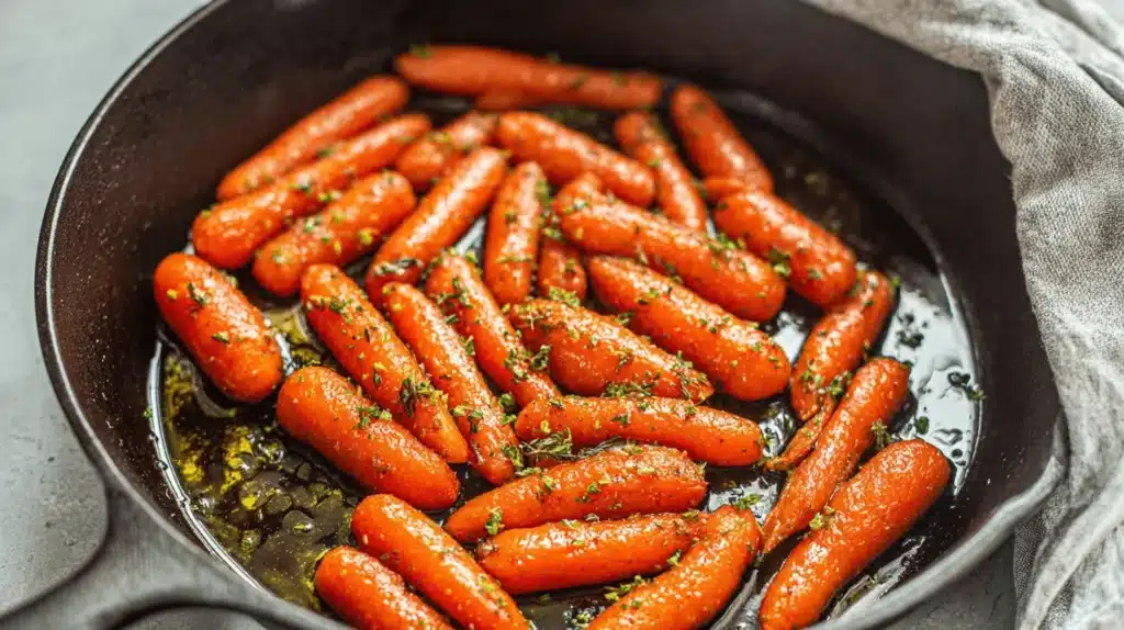 Close-up of vibrant, tender maple glazed carrots in a cast-iron skillet, garnished with fresh herbs.