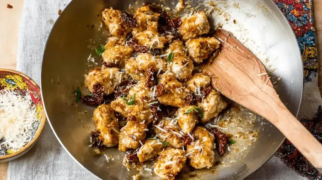 A rustic skillet overflowing with golden-brown Marry Me Chicken Bites, featuring sun-dried tomatoes, grated Parmesan, and fresh herbs, ready to be served.