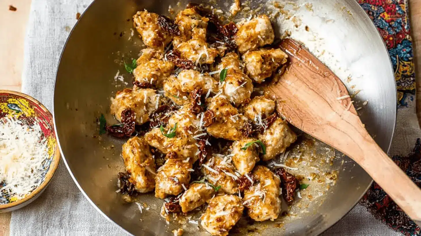 A rustic skillet overflowing with golden-brown Marry Me Chicken Bites, featuring sun-dried tomatoes, grated Parmesan, and fresh herbs, ready to be served.