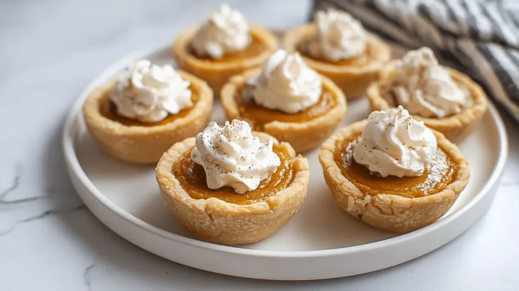 Close-up of delicious Mini Pumpkin Pies with whipped cream on a white platter, perfect for autumn desserts.
