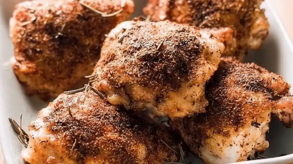 Close-up of perfectly seasoned and golden-brown Oven Baked Chicken Thighs with fresh rosemary in a white serving dish.