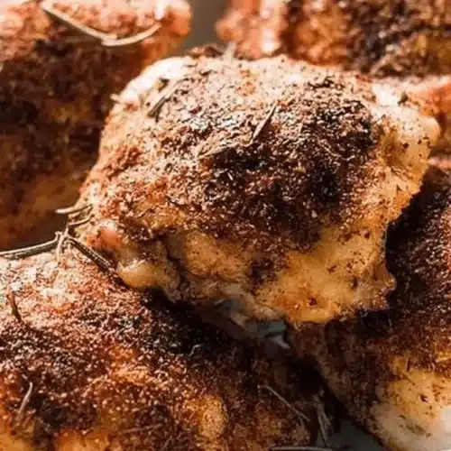 Crispy Oven Baked Chicken Thighs 2 Close-up of perfectly seasoned and golden-brown Oven Baked Chicken Thighs with fresh rosemary in a white serving dish.