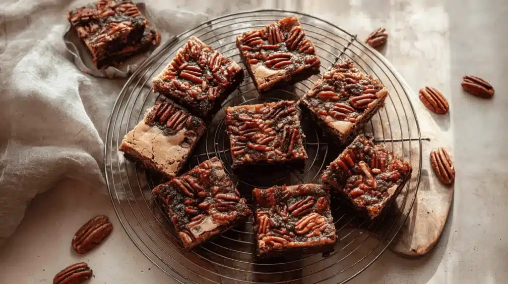 Freshly baked Pecan Pie Brownies with a glossy pecan topping cooling on a wire rack.