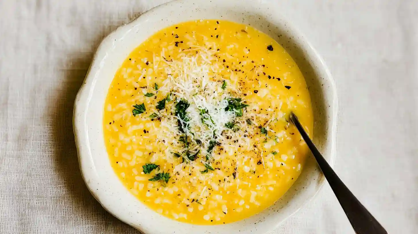 A close-up of a warm, golden-yellow penicillin soup with orzo, grated cheese, and fresh herbs in a rustic ceramic bowl.