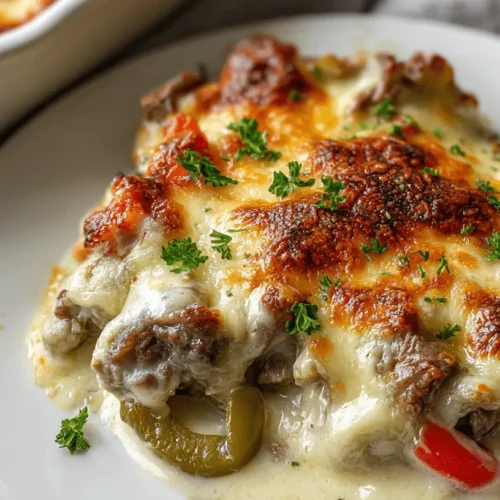 Appetizing close-up of a golden-brown baked Philly Cheesesteak casserole with melted cheese, meat, and peppers on a white plate.