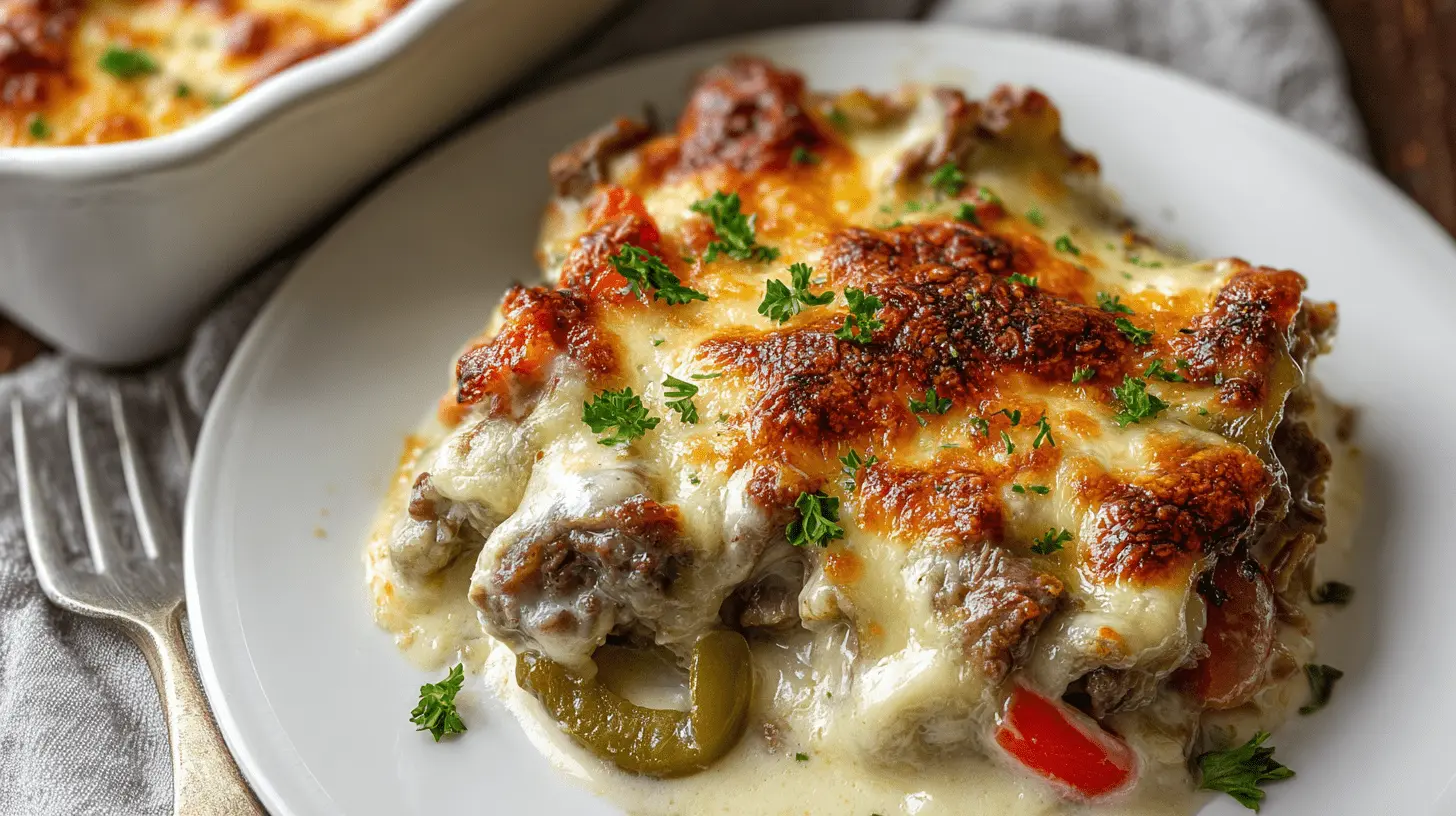 Appetizing close-up of a golden-brown baked Philly Cheesesteak casserole with melted cheese, meat, and peppers on a white plate.