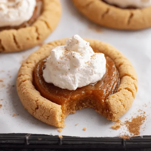 Close-up of golden-brown homemade pumpkin pie cookies with amber filling, whipped cream, and a dusting of cinnamon on a cooling rack.