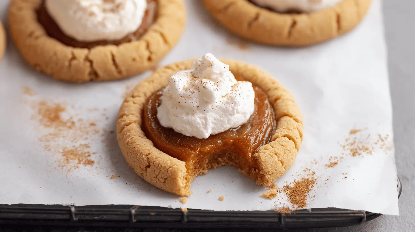 Close-up of golden-brown homemade pumpkin pie cookies with amber filling, whipped cream, and a dusting of cinnamon on a cooling rack.