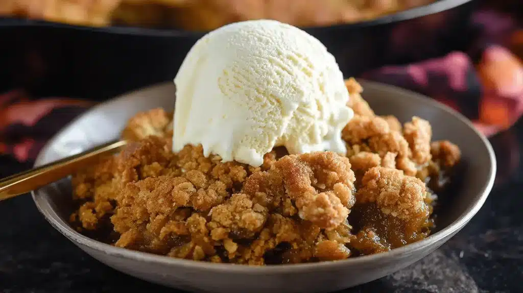 Close-up of a warm Pumpkin Pie Crisp with a scoop of melting vanilla ice cream in a rustic bowl.