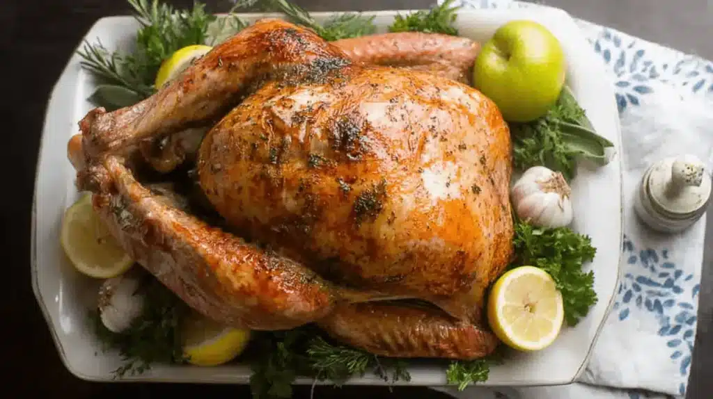 Beautifully golden-brown roast turkey on a white platter, garnished with fresh herbs and lemon.