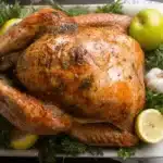 Beautifully golden-brown roast turkey on a white platter, garnished with fresh herbs and lemon.