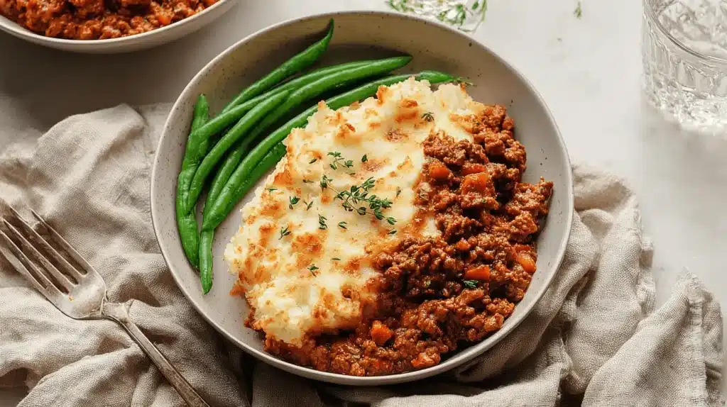 Hearty sloppy joe casserole with a golden mashed potato topping and fresh green beans, ready to serve.