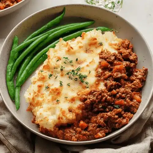 The Best Sloppy Joe Casserole - 4 Easy Steps 2 Hearty sloppy joe casserole with a golden mashed potato topping and fresh green beans, ready to serve.