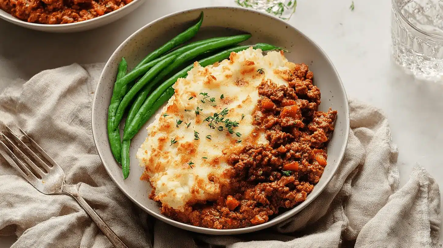 The Best Sloppy Joe Casserole - 4 Easy Steps 1 Hearty sloppy joe casserole with a golden mashed potato topping and fresh green beans, ready to serve.