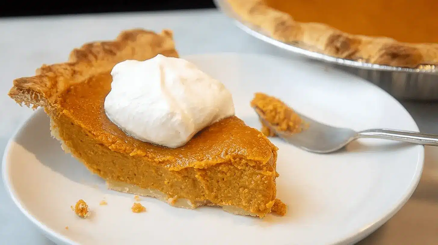 A delicious slice of southern sweet potato pie topped with whipped cream on a white plate, with a fork.