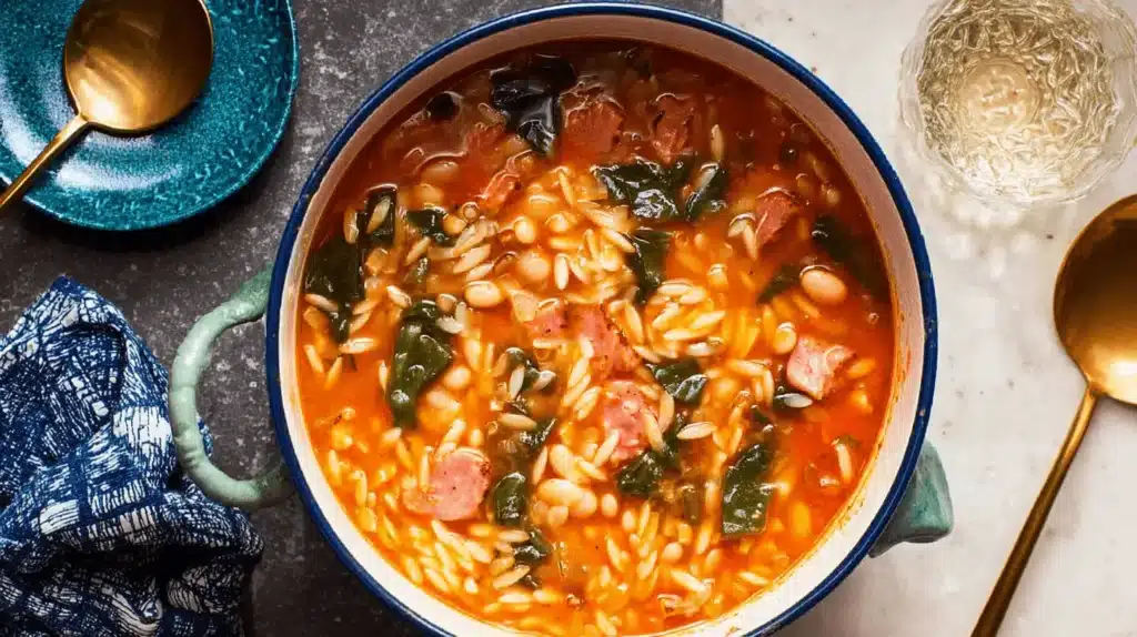 A vibrant swamp soup recipe in an enameled pot, brimming with pasta, beans, and leafy greens, served with golden spoons.
