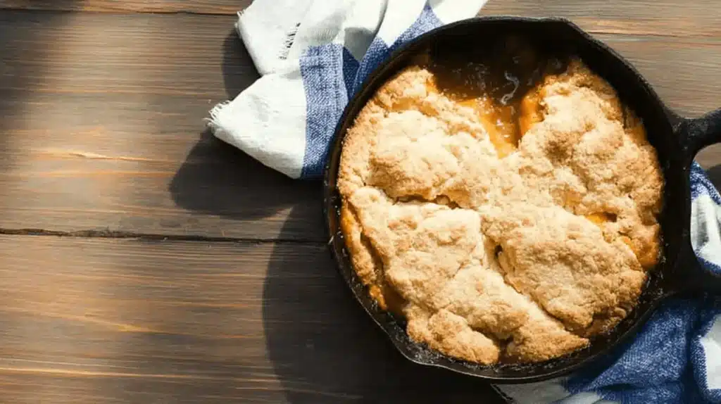 Warm sweet potato cobbler in a cast-iron skillet on a rustic wooden surface.