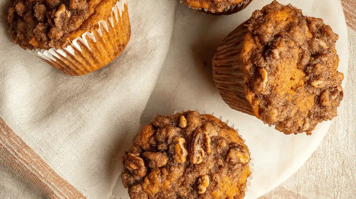 Four golden sweet potato muffins with pecan streusel topping, artfully arranged on rustic surfaces, ideal for a sweet potato muffin recipe.
