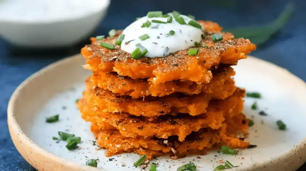 Close-up of crispy sweet potato pancakes stacked and topped with chives and creamy sauce.