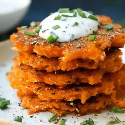 Close-up of crispy sweet potato pancakes stacked and topped with chives and creamy sauce.