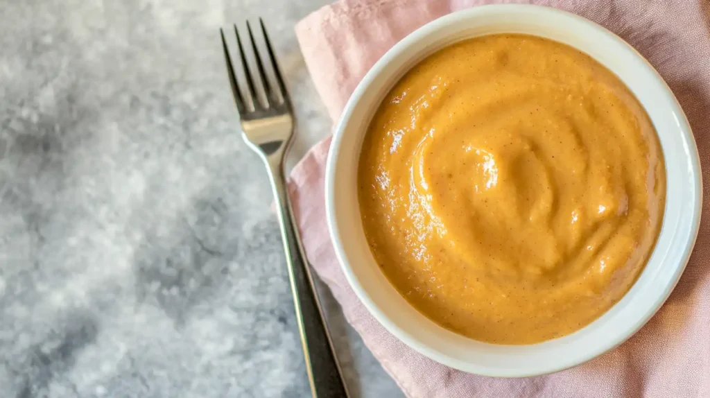 A warm bowl of vibrant, creamy orange sweet potato pudding with a fork on a marble surface.
