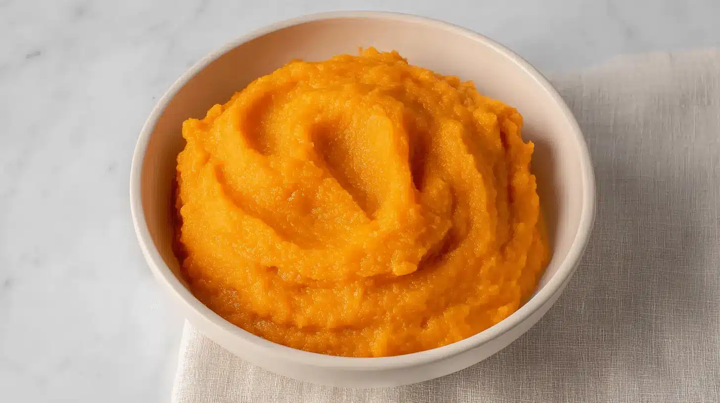 Velvety Brown Butter Sweet Potato Puree Recipe 1 A close-up, overhead view of a vibrant orange sweet potato puree in a light bowl on a marble and fabric surface.