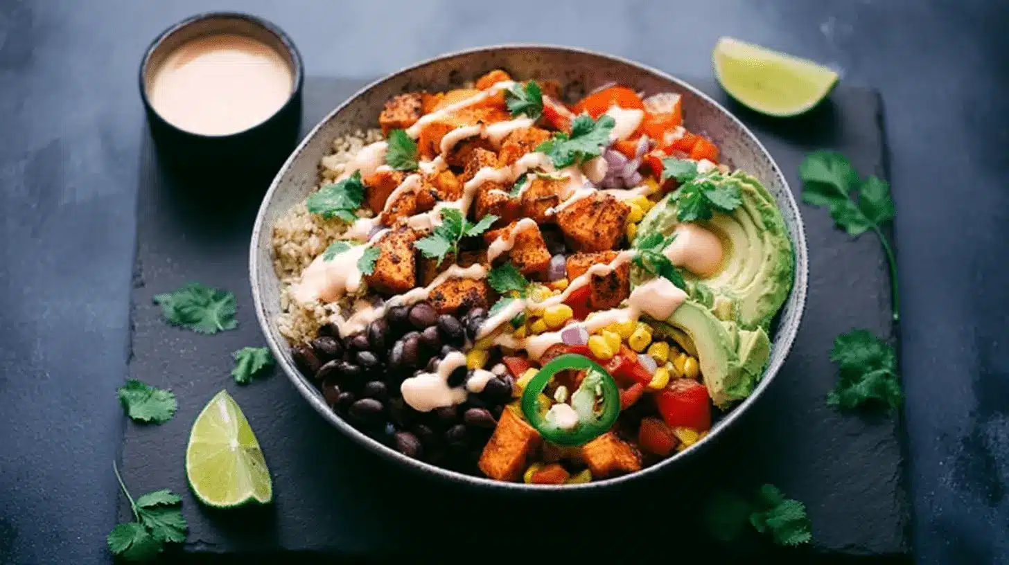 Sweet Potato Taco Bowl: Easy, Flavorful & Meatless 1 A vibrant sweet potato taco bowl, artfully arranged with roasted sweet potatoes, black beans, avocado, pico de gallo, corn, and a creamy dressing, served on a dark textured surface.