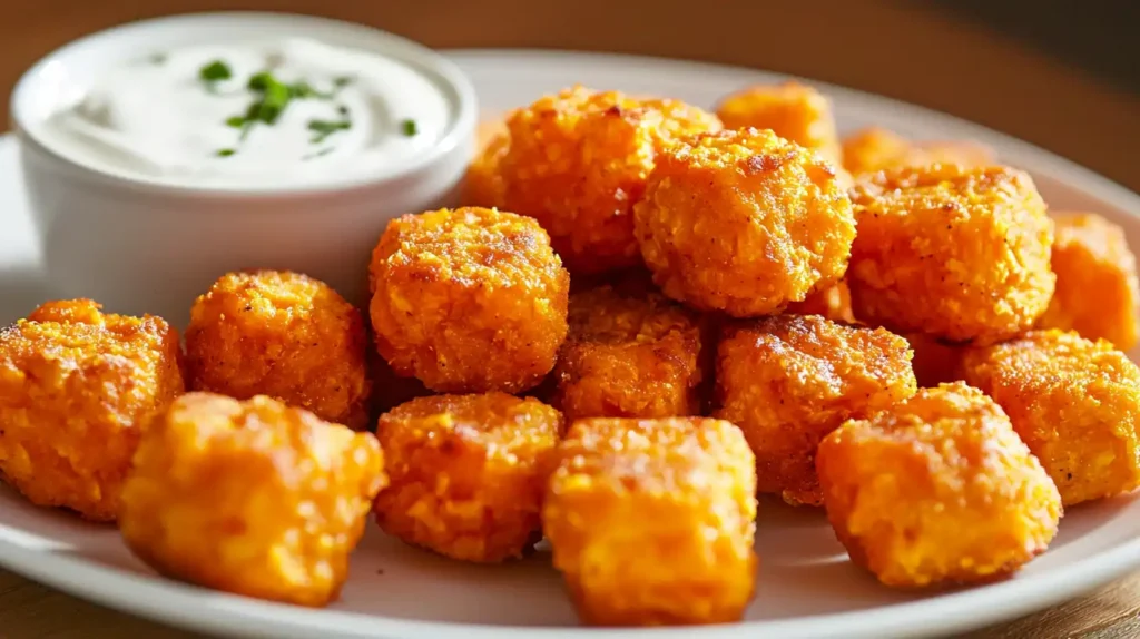Crispy baked sweet potato tater tots served on a plate with creamy dipping sauce