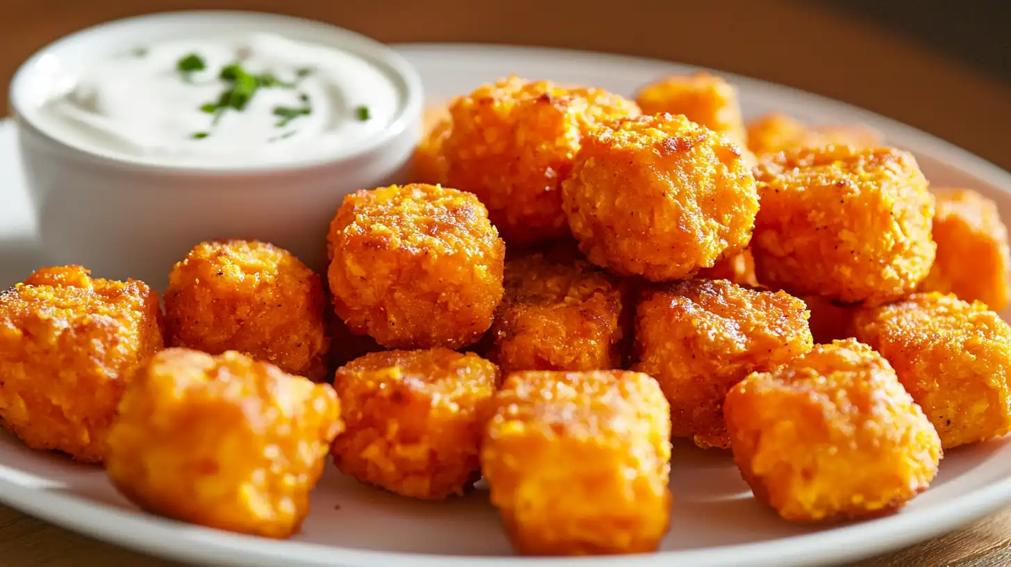 Crispy Baked Sweet Potato Tater Tots: A Wholesome & Easy Recipe 1 Crispy baked sweet potato tater tots served on a plate with creamy dipping sauce