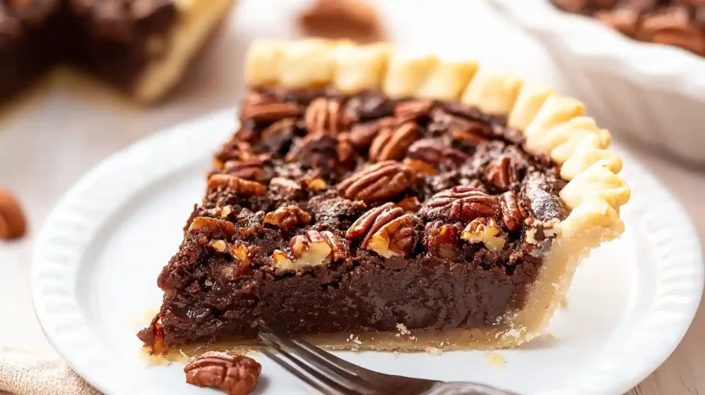 Close-up of a decadent slice of Texas Chocolate Pecan Pie on a white plate with a gold fork, showing its rich, gooey filling.