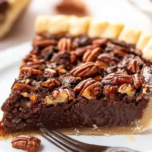 Close-up of a decadent slice of Texas Chocolate Pecan Pie on a white plate with a gold fork, showing its rich, gooey filling.