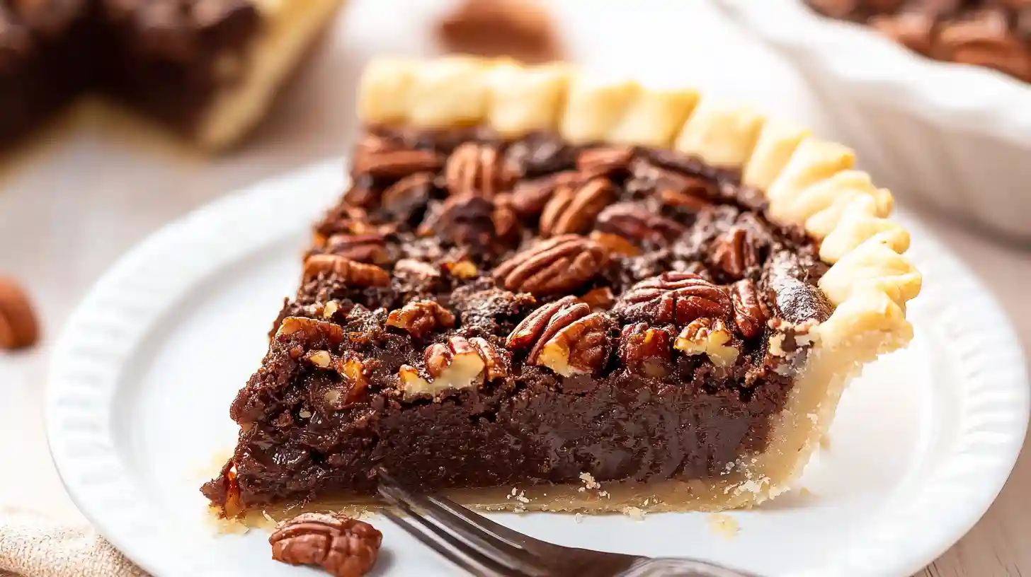 Close-up of a decadent slice of Texas Chocolate Pecan Pie on a white plate with a gold fork, showing its rich, gooey filling.