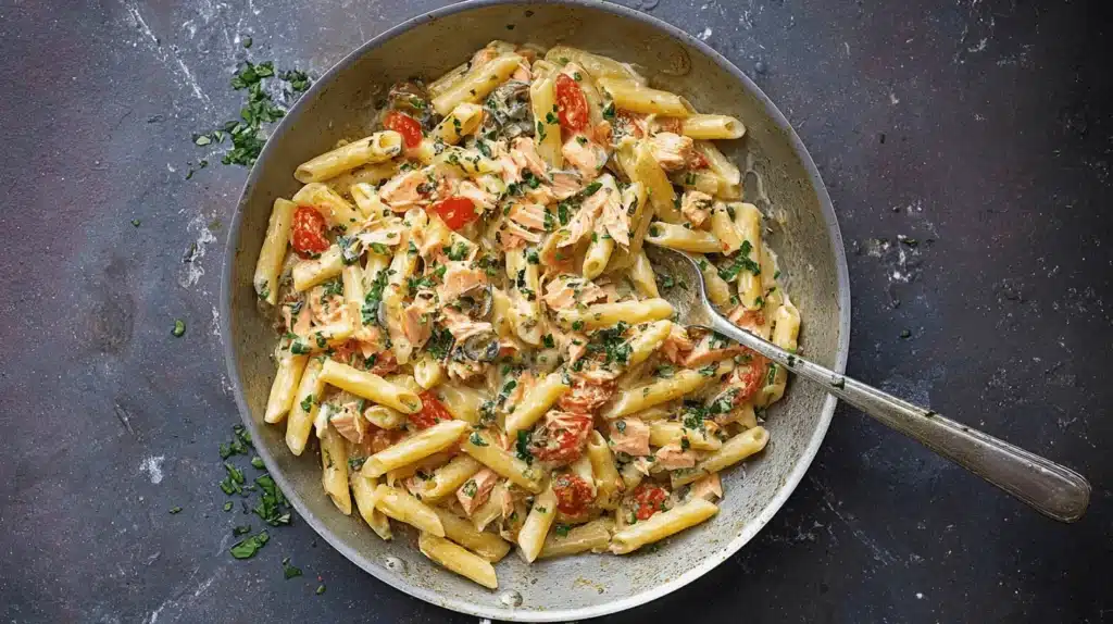 Overhead view of a creamy tuscan salmon pasta dish with penne, tomatoes, and olives in a skillet.