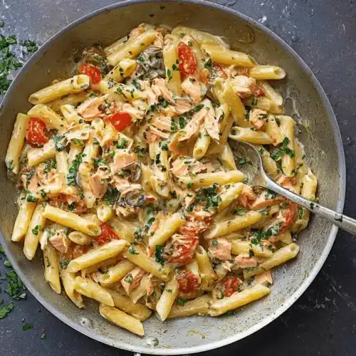 Overhead view of a creamy tuscan salmon pasta dish with penne, tomatoes, and olives in a skillet.