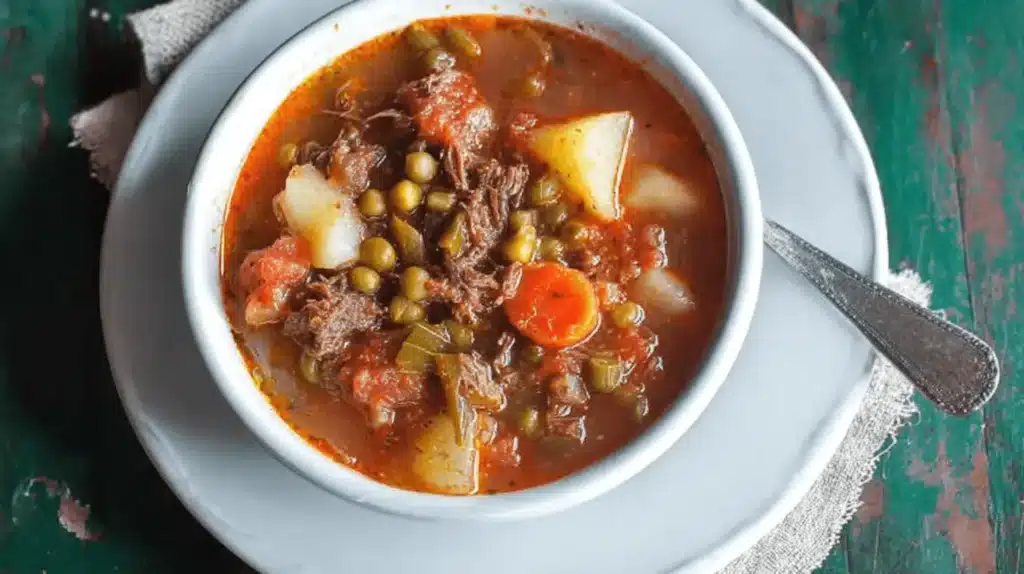 Hearty bowl of rustic vegetable beef soup recipe with potatoes, carrots, and peas.