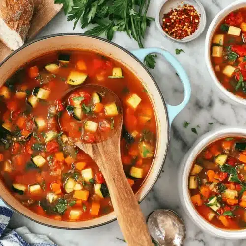 A hearty vegetable soup in a blue Dutch oven and white bowls, served with crusty bread and red pepper flakes on a marble surface.