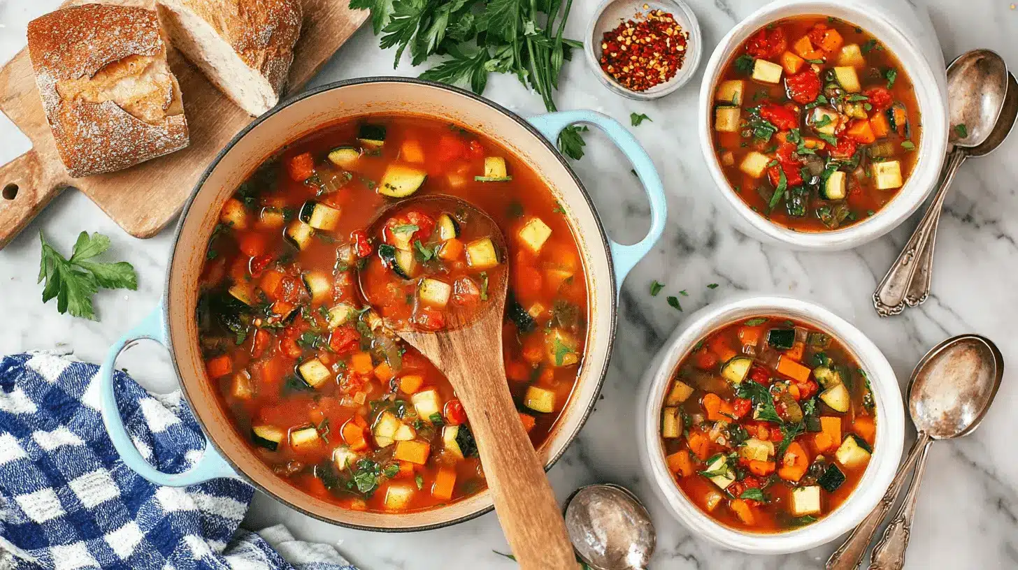 A hearty vegetable soup in a blue Dutch oven and white bowls, served with crusty bread and red pepper flakes on a marble surface.
